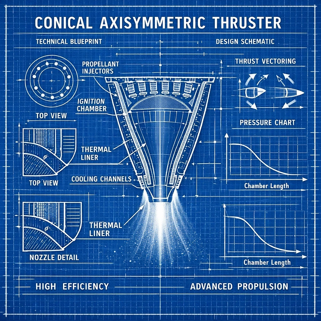 A blueprint of a conical axisymmetric thruster with injectors, ignition chamber, thermal liner and pressure charts.