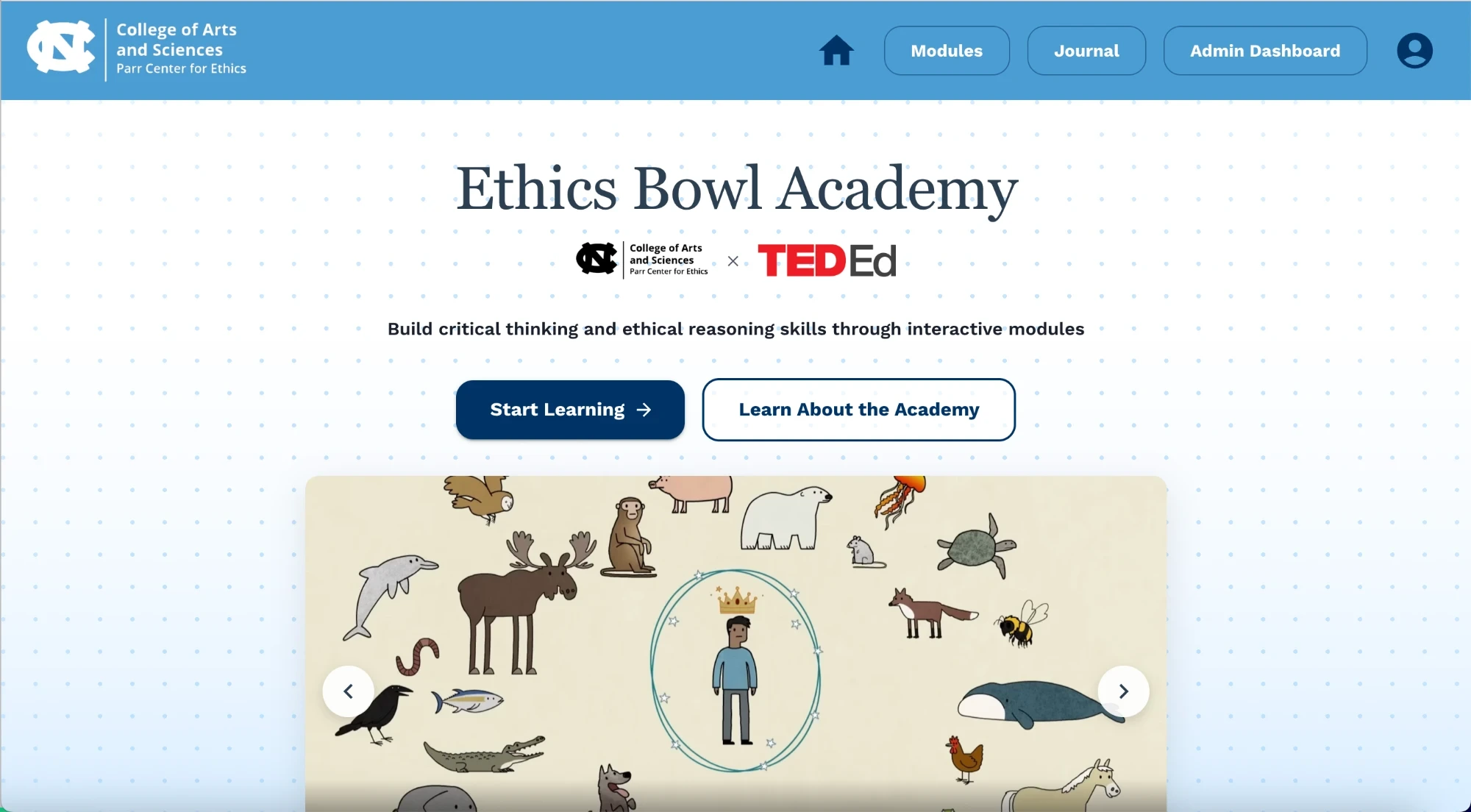 The Ethics Bowl Academy home page with its Start Learning button and a TED-Ed animation.