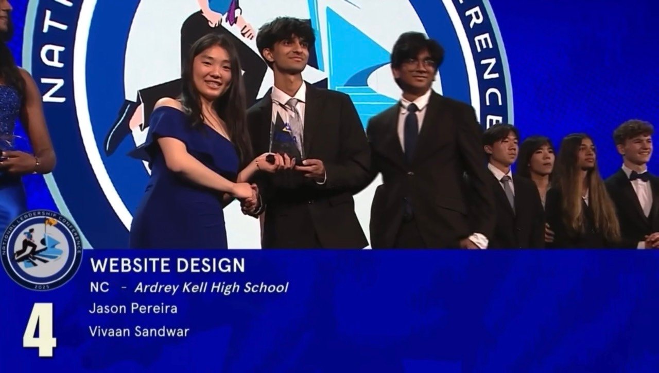 The FBLA national conference broadcast naming Jason Pereira and Vivaan Sandwar 4th in Website Design.