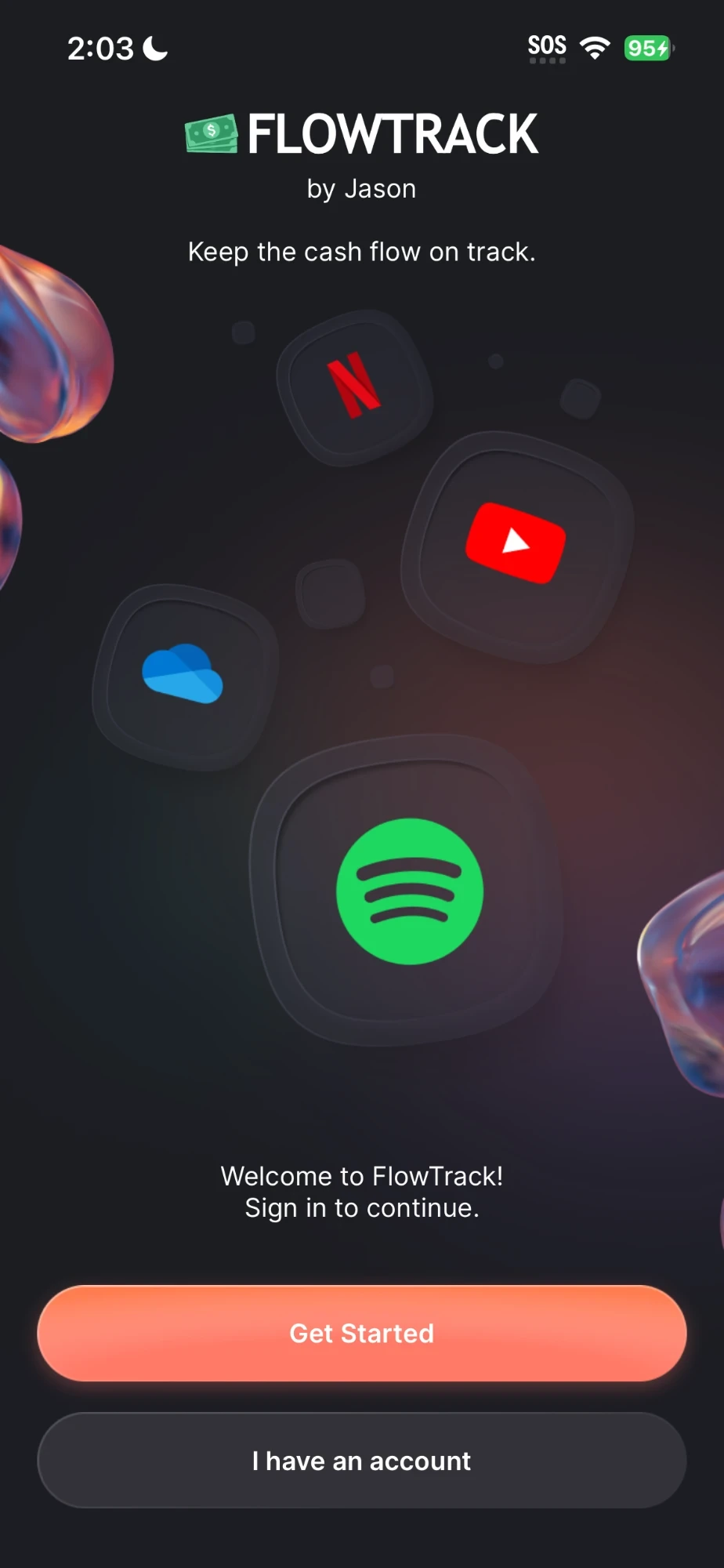 The FlowTrack welcome screen on iPhone, with subscription icons floating above the Get Started button.