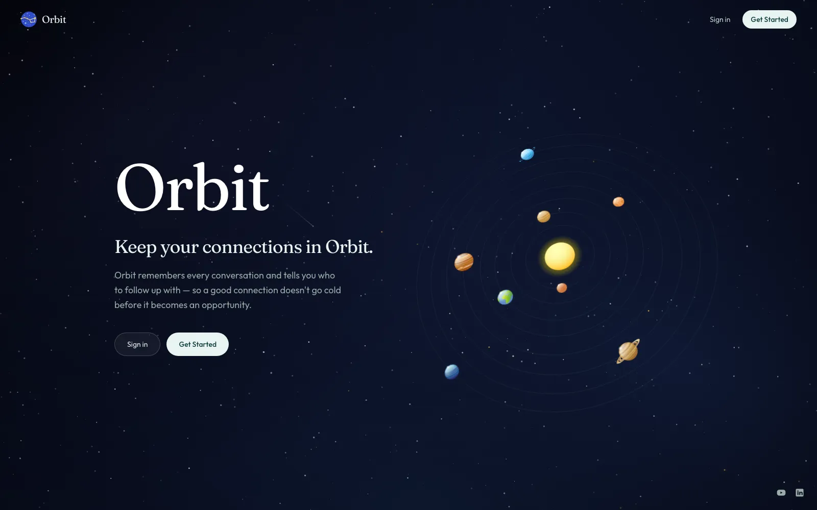 The Orbit home page. Tagline: “Keep your connections in Orbit.” Planets circle a sun on a dark starfield.